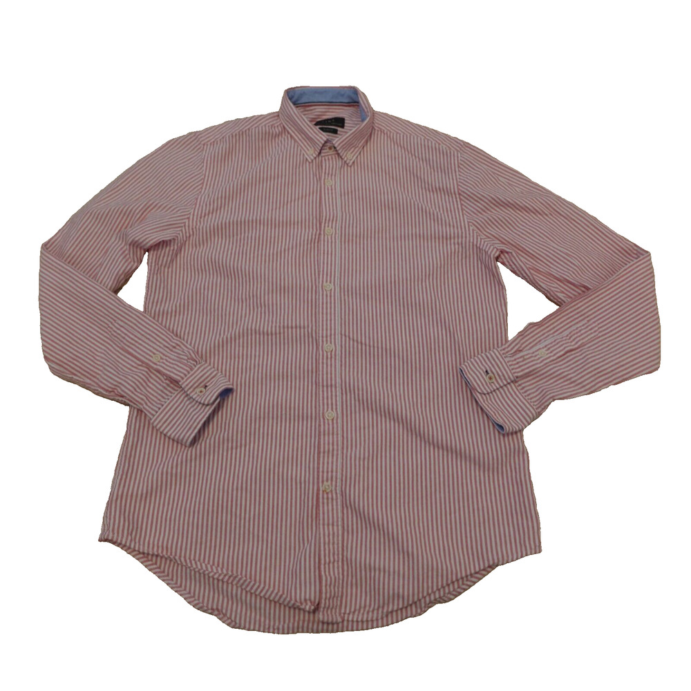 Zara Men M Shirt 100% Cotton Long Sleeve Slim Fit Button Down Striped Red White